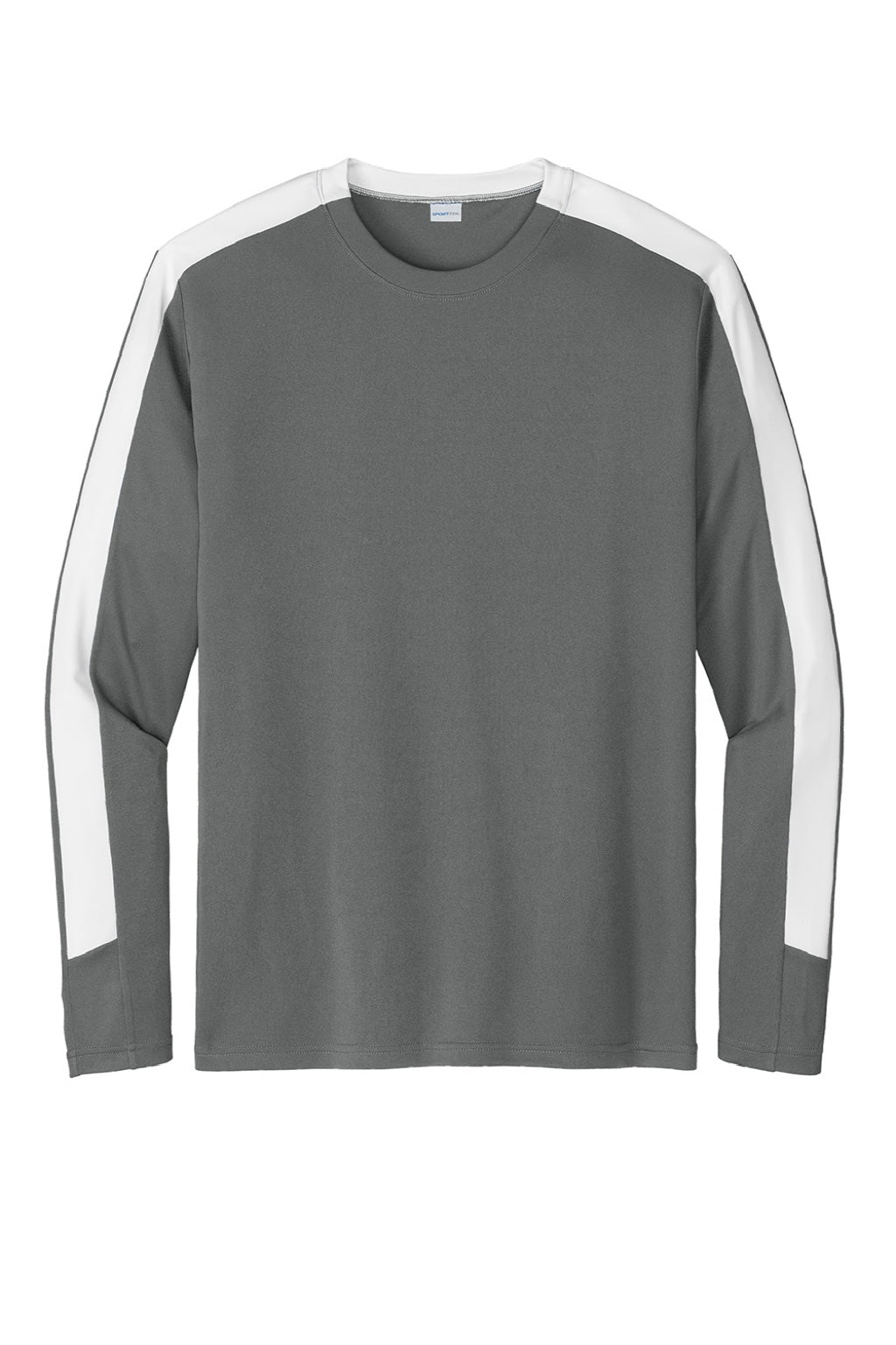 Sport-Tek ST100LS Mens Moisture Wicking Competitor United Long Sleeve Crewneck T-Shirt Iron Grey/White Flat Front