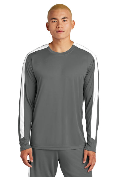 Sport-Tek ST100LS Mens Moisture Wicking Competitor United Long Sleeve Crewneck T-Shirt Iron Grey/White Model Front