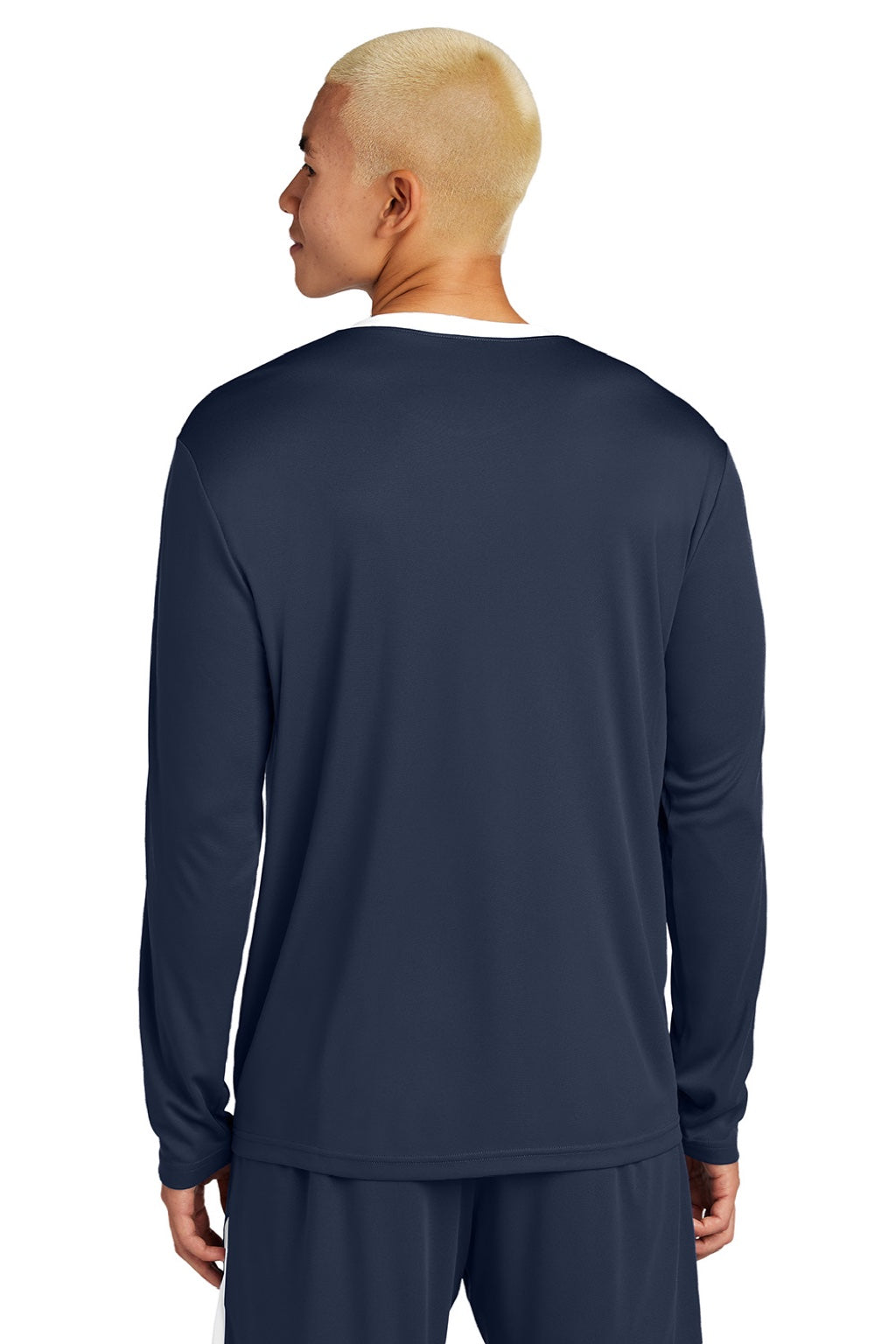 Sport-Tek ST100LS Mens Moisture Wicking Competitor United Long Sleeve Crewneck T-Shirt True Navy Blue/White Model Back