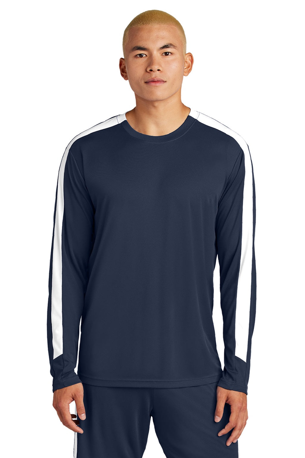 Sport-Tek ST100LS Mens Moisture Wicking Competitor United Long Sleeve Crewneck T-Shirt True Navy Blue/White Model Front