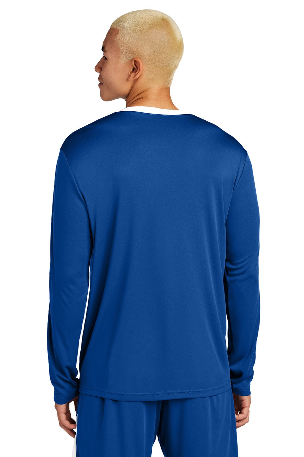 Sport-Tek ST100LS Mens Moisture Wicking Competitor United Long Sleeve Crewneck T-Shirt True Royal Blue/White Model Back