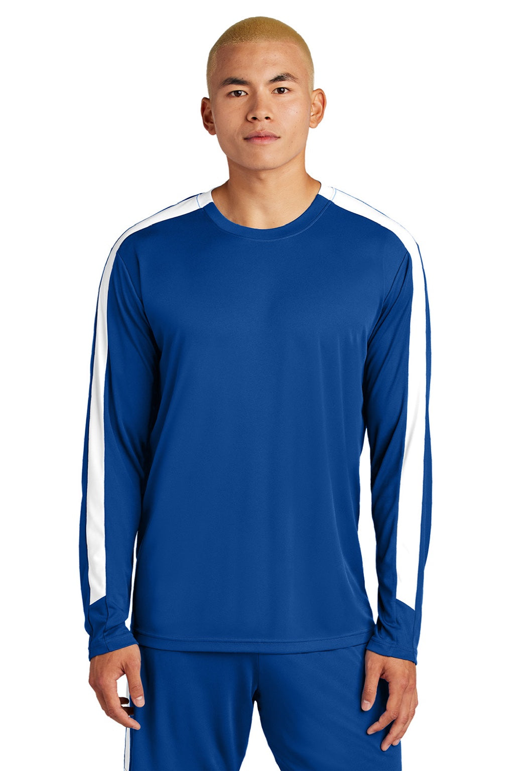 Sport-Tek ST100LS Mens Moisture Wicking Competitor United Long Sleeve Crewneck T-Shirt True Royal Blue/White Model Front