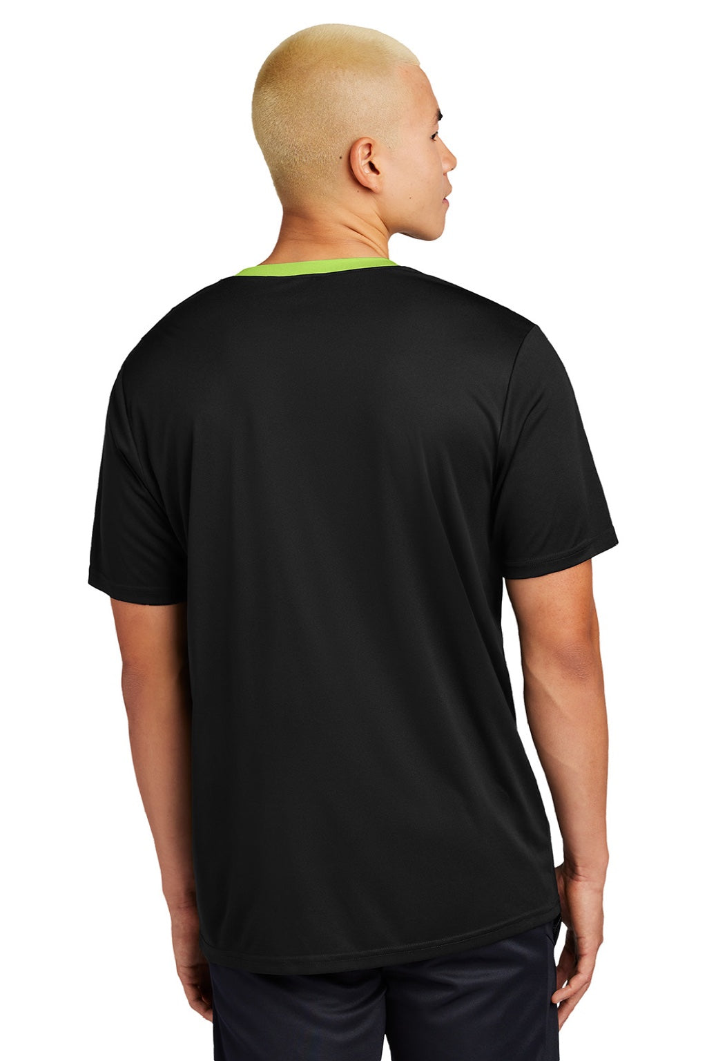 Sport-Tek ST100 Mens Moisture Wicking Competitor United Short Sleeve Crewneck T-Shirt Black/Lime Shock Green Model Back