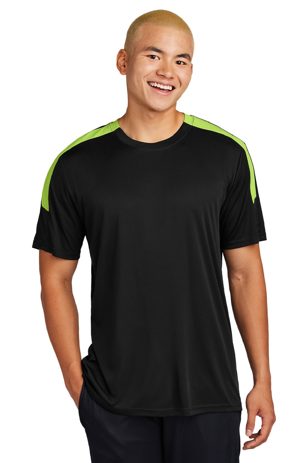 Sport-Tek ST100 Mens Moisture Wicking Competitor United Short Sleeve Crewneck T-Shirt Black/Lime Shock Green Model Front