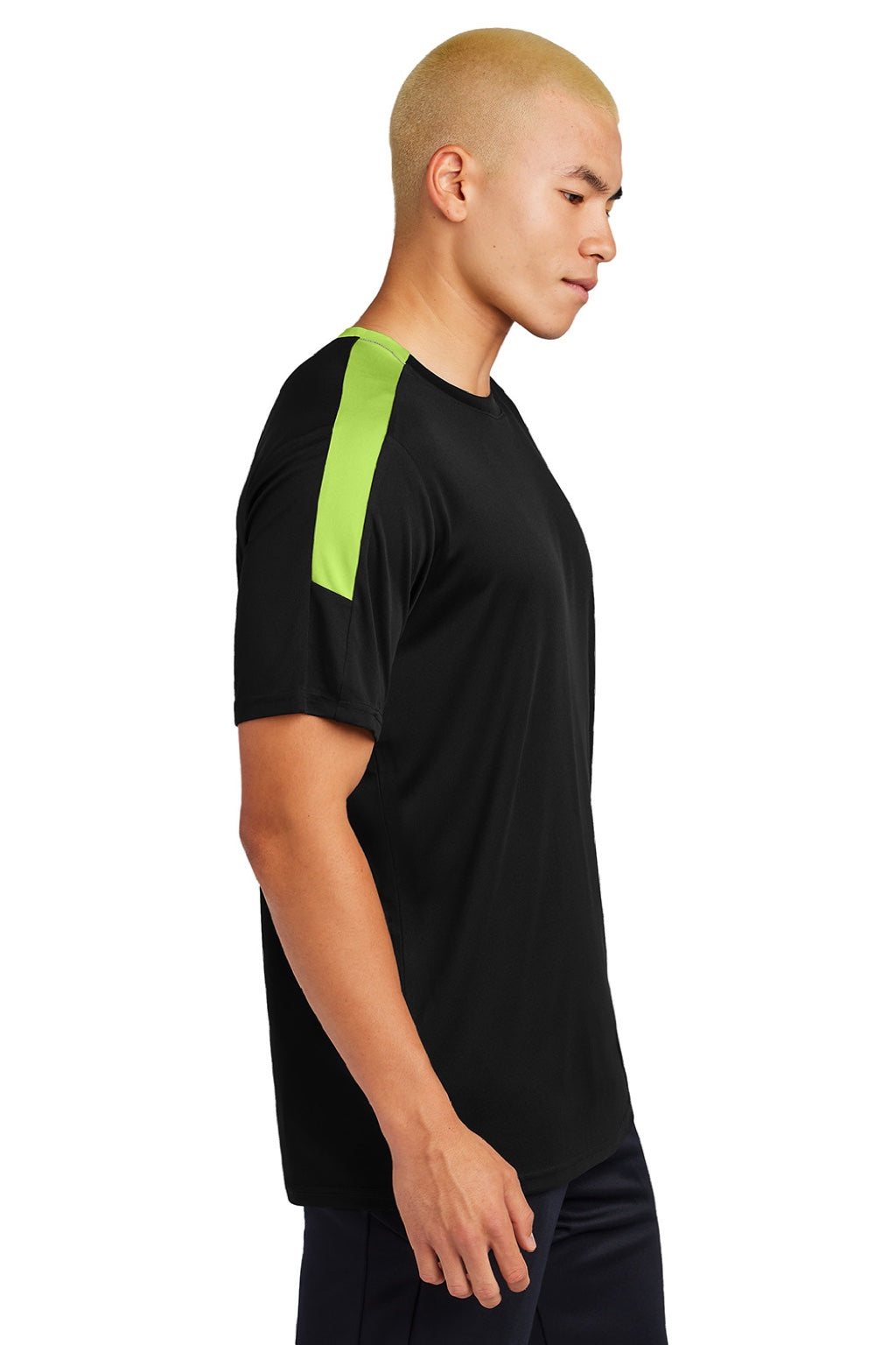 Sport-Tek ST100 Mens Moisture Wicking Competitor United Short Sleeve Crewneck T-Shirt Black/Lime Shock Green Model Side