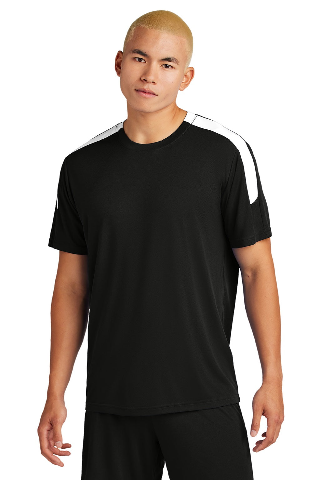 Sport-Tek ST100 Mens Moisture Wicking Competitor United Short Sleeve Crewneck T-Shirt Black/White Model Front