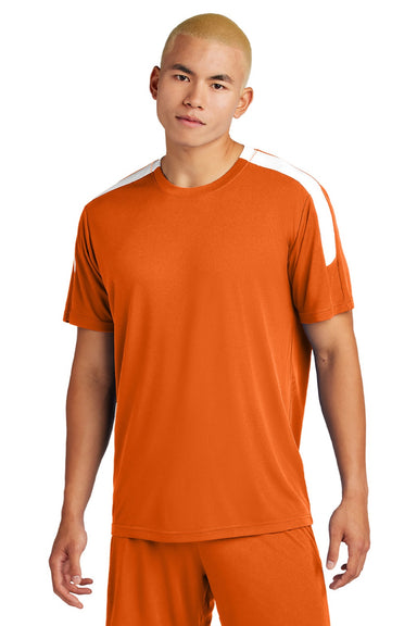 Sport-Tek ST100 Mens Moisture Wicking Competitor United Short Sleeve Crewneck T-Shirt Deep Orange/White Model Front