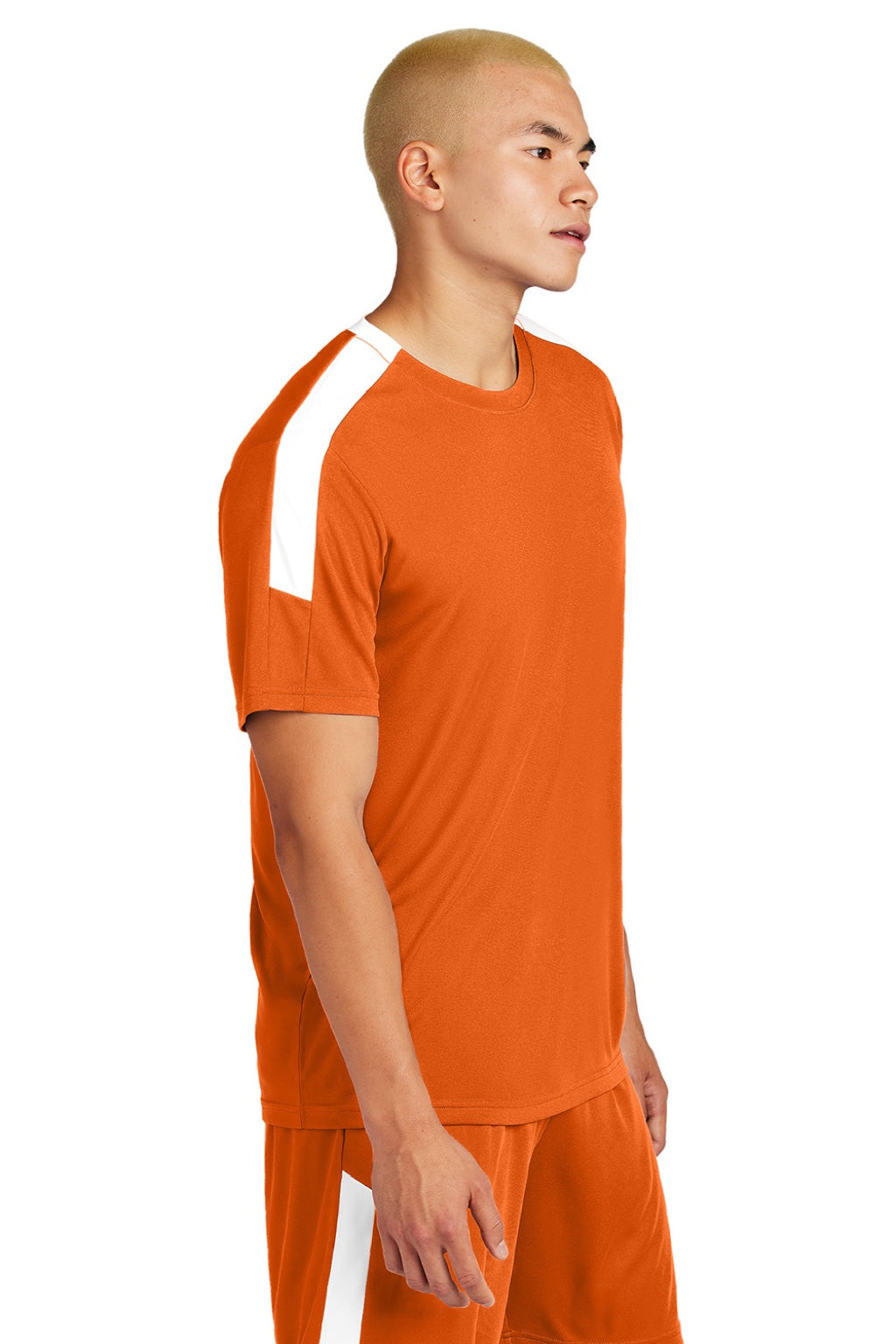 Sport-Tek ST100 Mens Moisture Wicking Competitor United Short Sleeve Crewneck T-Shirt Deep Orange/White Model Side