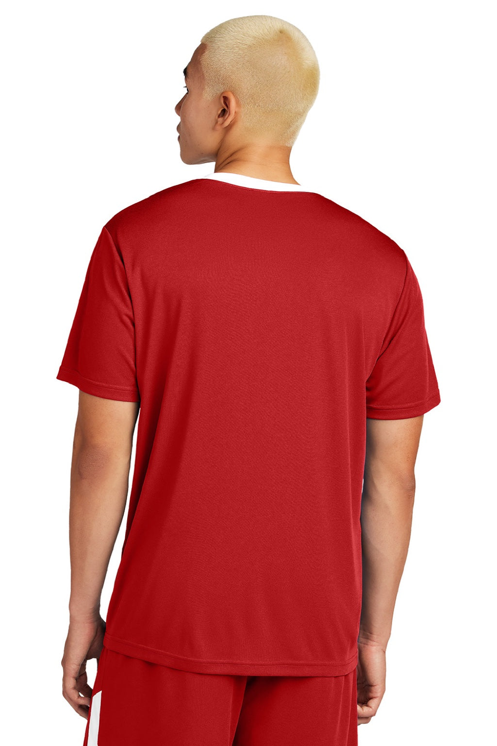 Sport-Tek ST100 Mens Moisture Wicking Competitor United Short Sleeve Crewneck T-Shirt Deep Red/White Model Back