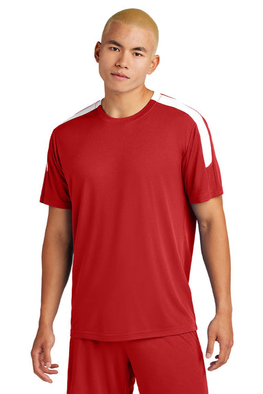 Sport-Tek ST100 Mens Moisture Wicking Competitor United Short Sleeve Crewneck T-Shirt Deep Red/White Model Front