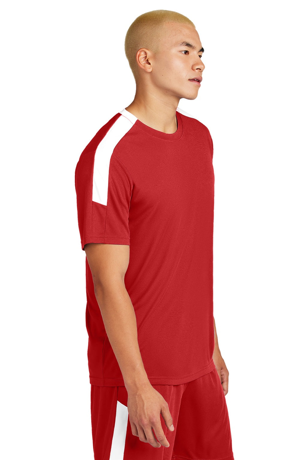 Sport-Tek ST100 Mens Moisture Wicking Competitor United Short Sleeve Crewneck T-Shirt Deep Red/White Model Side