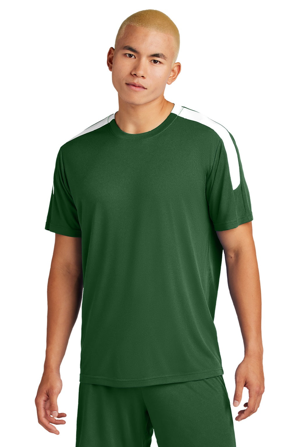 Sport-Tek ST100 Mens Moisture Wicking Competitor United Short Sleeve Crewneck T-Shirt Forest Green/White Model Front