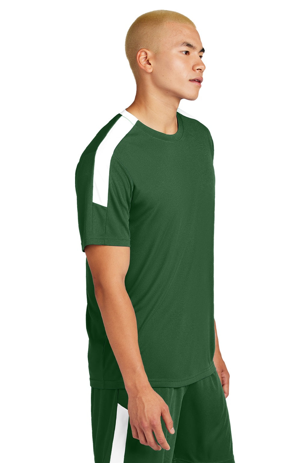 Sport-Tek ST100 Mens Moisture Wicking Competitor United Short Sleeve Crewneck T-Shirt Forest Green/White Model Side