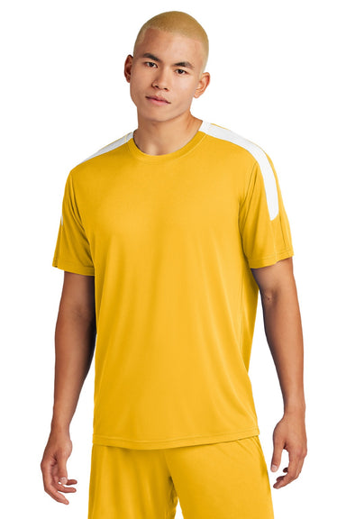 Sport-Tek ST100 Mens Moisture Wicking Competitor United Short Sleeve Crewneck T-Shirt Gold/White Model Front