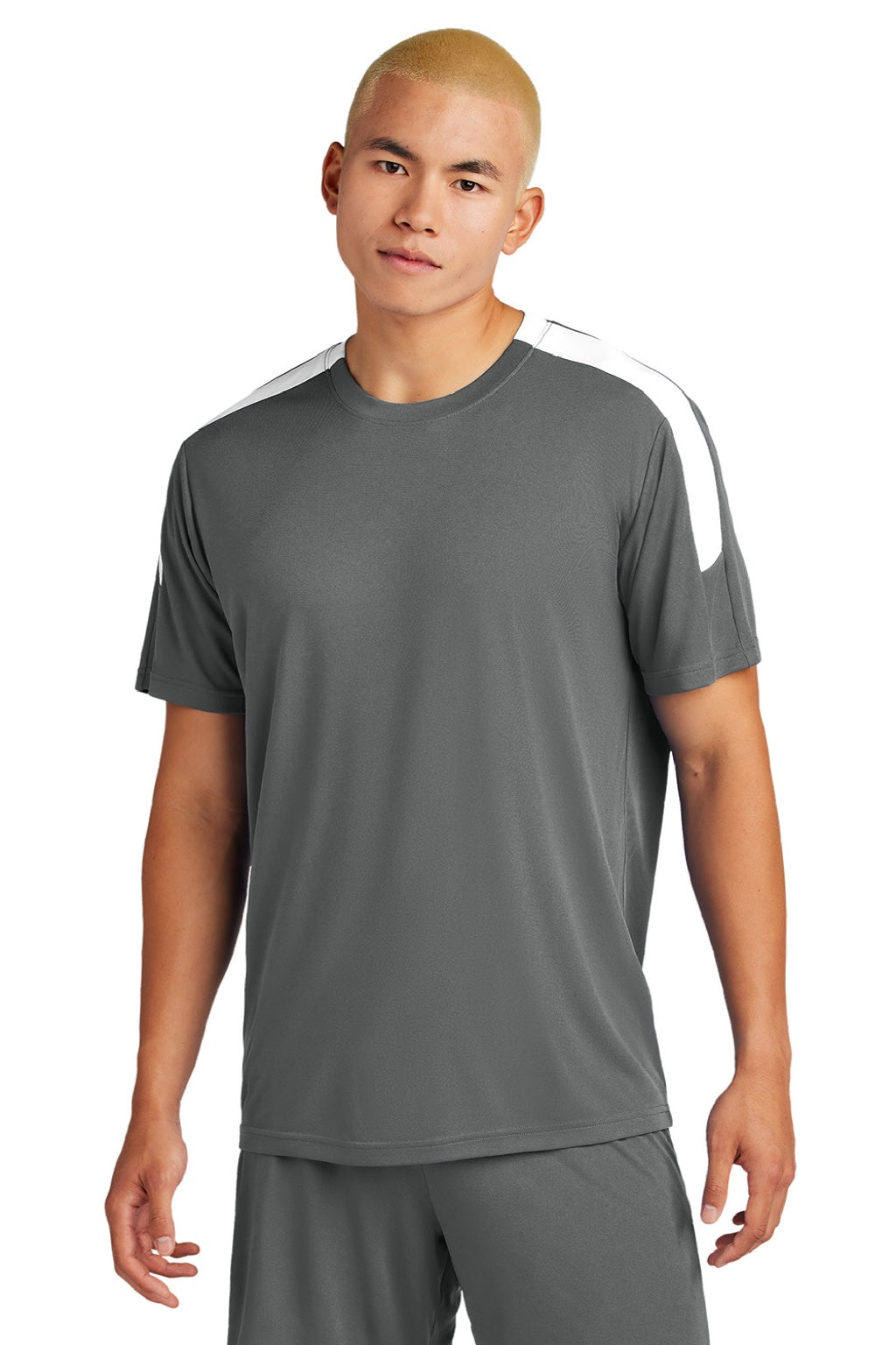 Sport-Tek ST100 Mens Moisture Wicking Competitor United Short Sleeve Crewneck T-Shirt Iron Grey/White Model Front