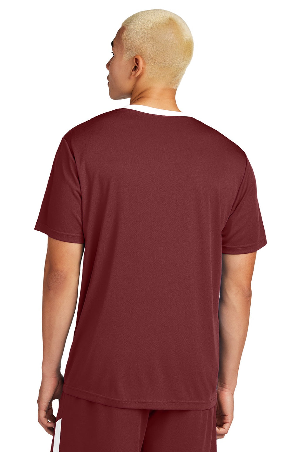 Sport-Tek ST100 Mens Moisture Wicking Competitor United Short Sleeve Crewneck T-Shirt Maroon/White Model Back