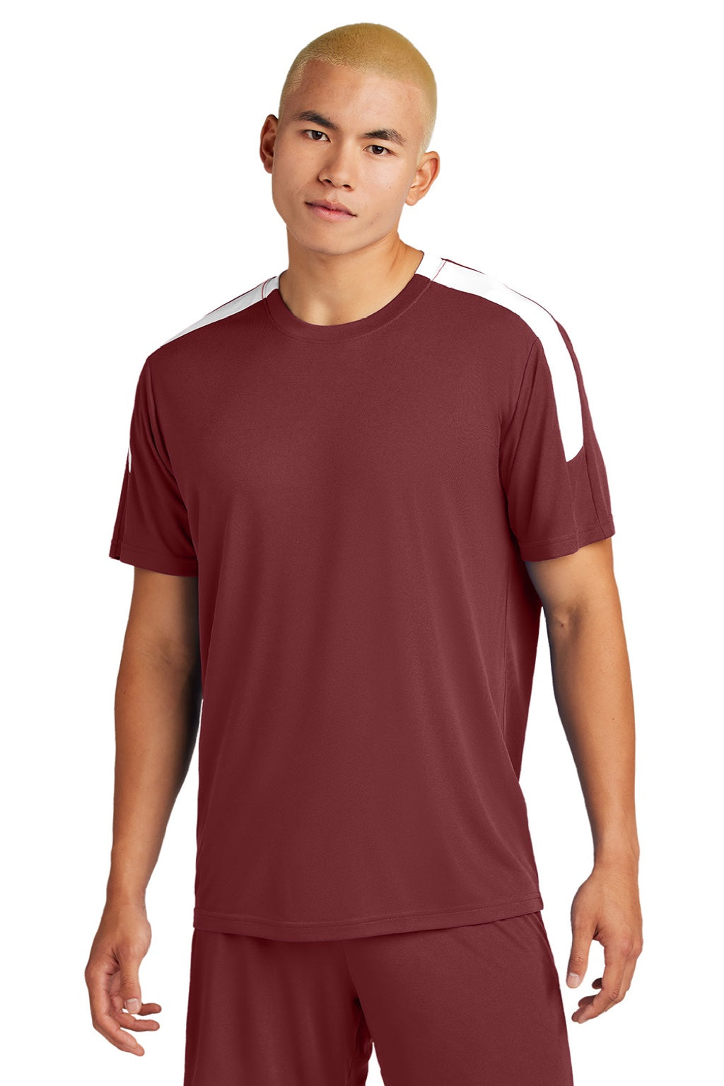 Sport-Tek ST100 Mens Moisture Wicking Competitor United Short Sleeve Crewneck T-Shirt Maroon/White Model Front