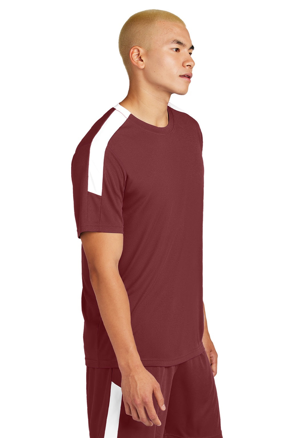 Sport-Tek ST100 Mens Moisture Wicking Competitor United Short Sleeve Crewneck T-Shirt Maroon/White Model Side