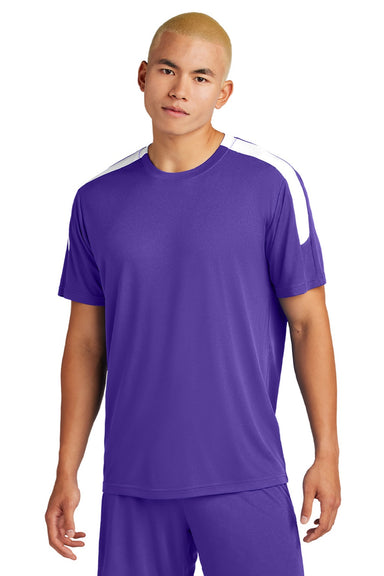 Sport-Tek ST100 Mens Moisture Wicking Competitor United Short Sleeve Crewneck T-Shirt Purple/White Model Front