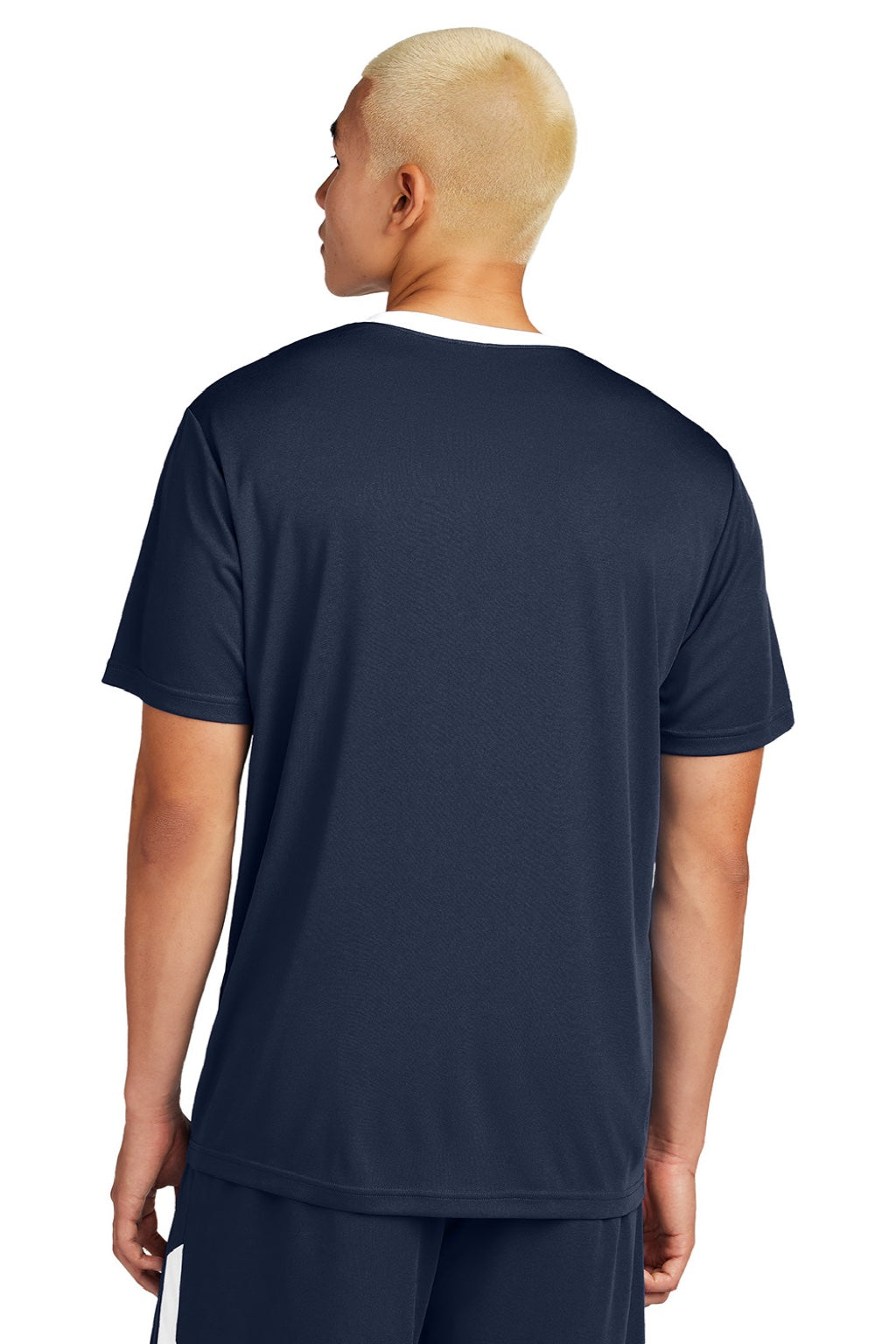 Sport-Tek ST100 Mens Moisture Wicking Competitor United Short Sleeve Crewneck T-Shirt True Navy Blue/White Model Back