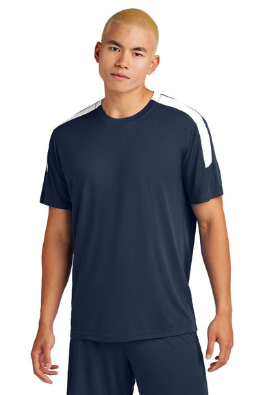 Sport-Tek ST100 Mens Moisture Wicking Competitor United Short Sleeve Crewneck T-Shirt True Navy Blue/White Model Front