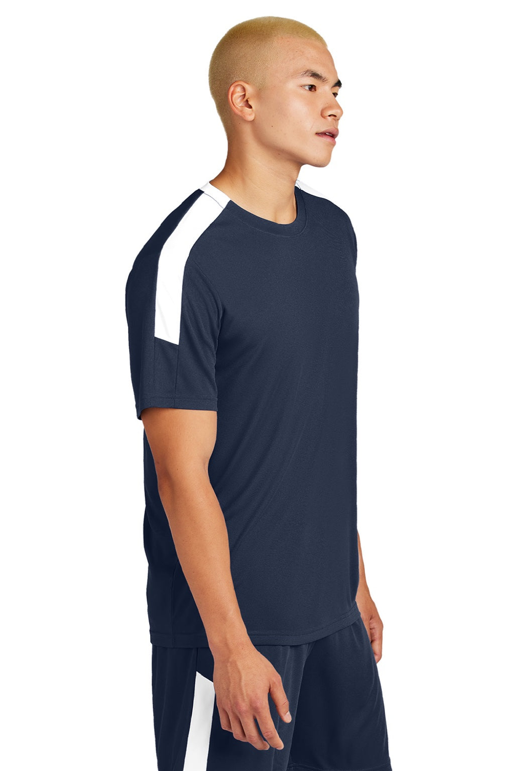 Sport-Tek ST100 Mens Moisture Wicking Competitor United Short Sleeve Crewneck T-Shirt True Navy Blue/White Model Side