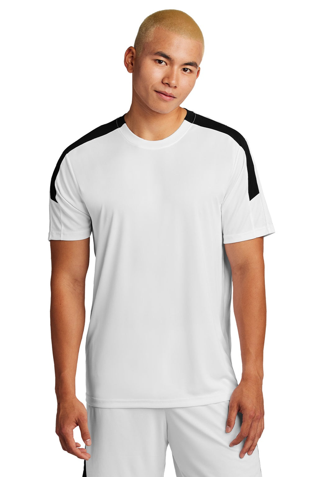 Sport-Tek ST100 Mens Moisture Wicking Competitor United Short Sleeve Crewneck T-Shirt White/Black Model Front