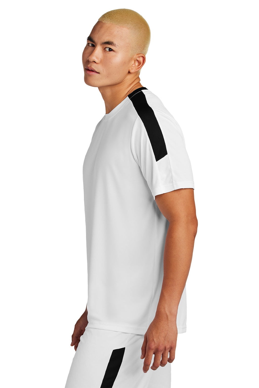 Sport-Tek ST100 Mens Moisture Wicking Competitor United Short Sleeve Crewneck T-Shirt White/Black Model Side