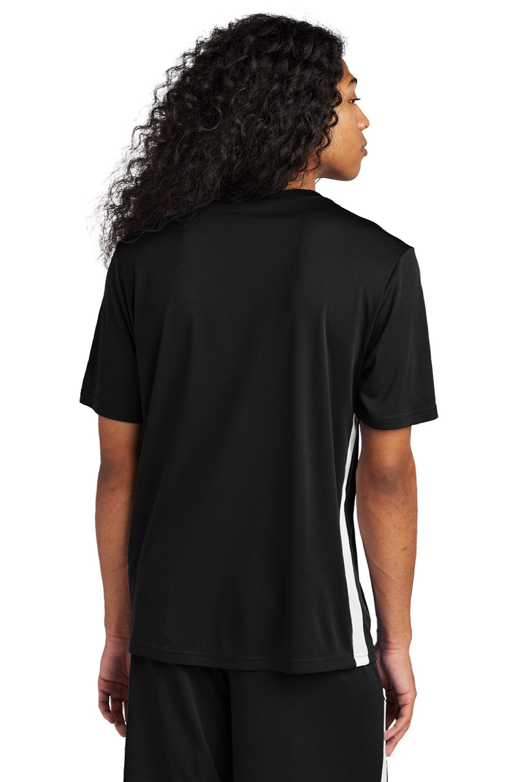 Sport-Tek ST101 Mens Moisture Wicking Competitor United Short Sleeve V-Neck T-Shirt Black/White Model Back