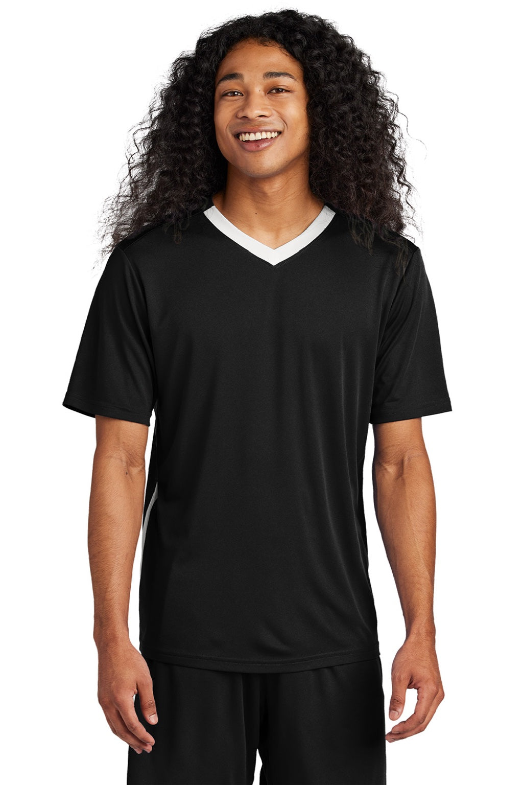 Sport-Tek ST101 Mens Moisture Wicking Competitor United Short Sleeve V-Neck T-Shirt Black/White Model Front