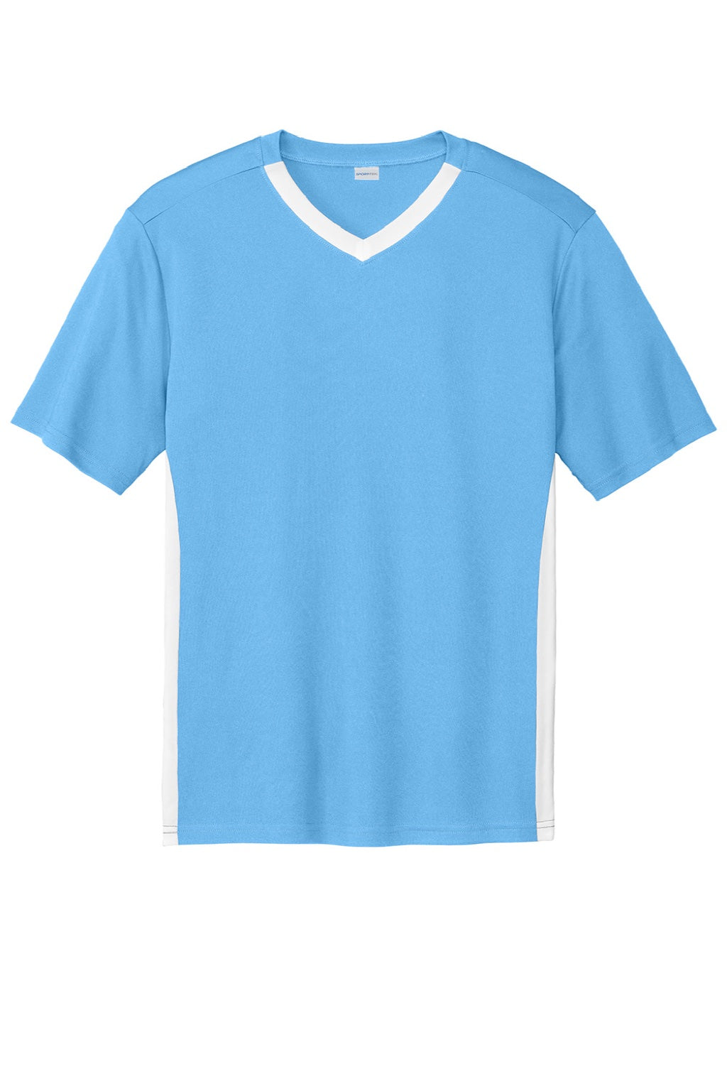 Sport-Tek ST101 Mens Moisture Wicking Competitor United Short Sleeve V-Neck T-Shirt Carolina Blue/White Flat Front