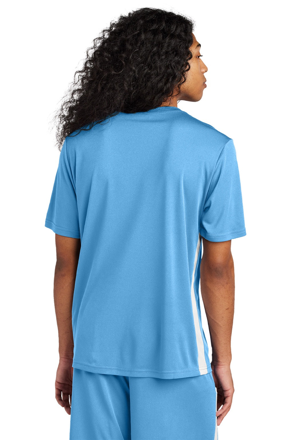 Sport-Tek ST101 Mens Moisture Wicking Competitor United Short Sleeve V-Neck T-Shirt Carolina Blue/White Model Back