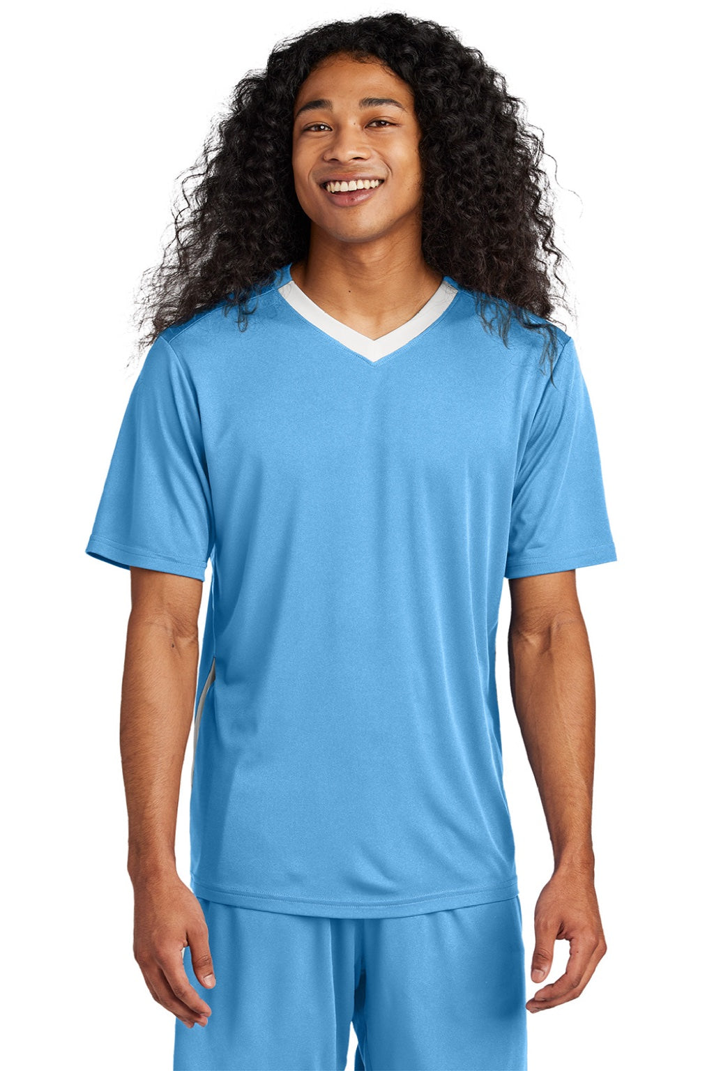 Sport-Tek ST101 Mens Moisture Wicking Competitor United Short Sleeve V-Neck T-Shirt Carolina Blue/White Model Front