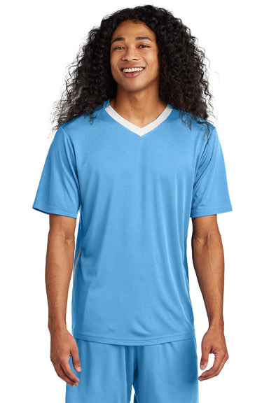 Sport-Tek ST101 Mens Moisture Wicking Competitor United Short Sleeve V-Neck T-Shirt Carolina Blue/White Model Front