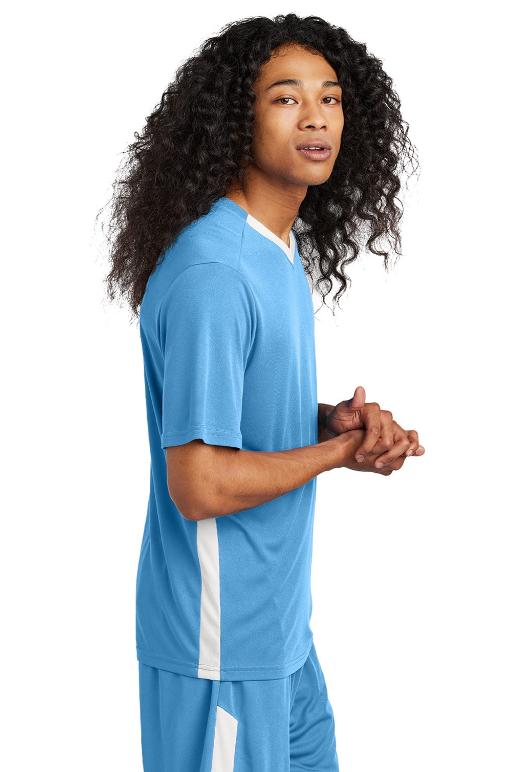 Sport-Tek ST101 Mens Moisture Wicking Competitor United Short Sleeve V-Neck T-Shirt Carolina Blue/White Model Side