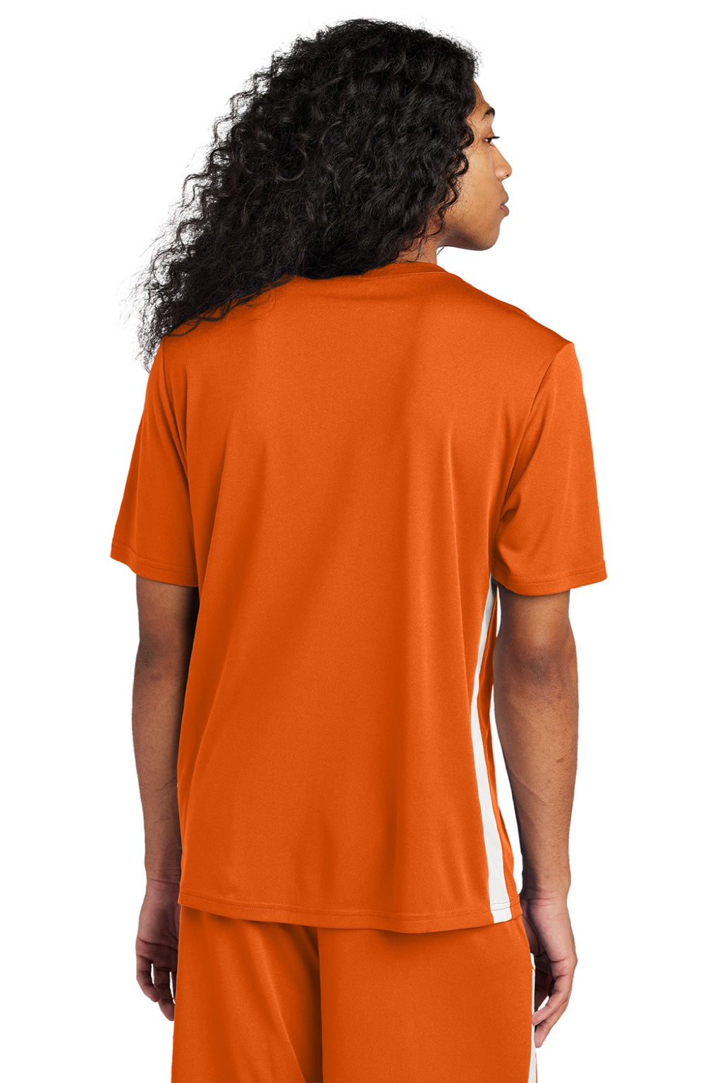 Sport-Tek ST101 Mens Moisture Wicking Competitor United Short Sleeve V-Neck T-Shirt Deep Orange/White Model Back