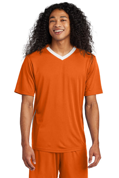 Sport-Tek ST101 Mens Moisture Wicking Competitor United Short Sleeve V-Neck T-Shirt Deep Orange/White Model Front