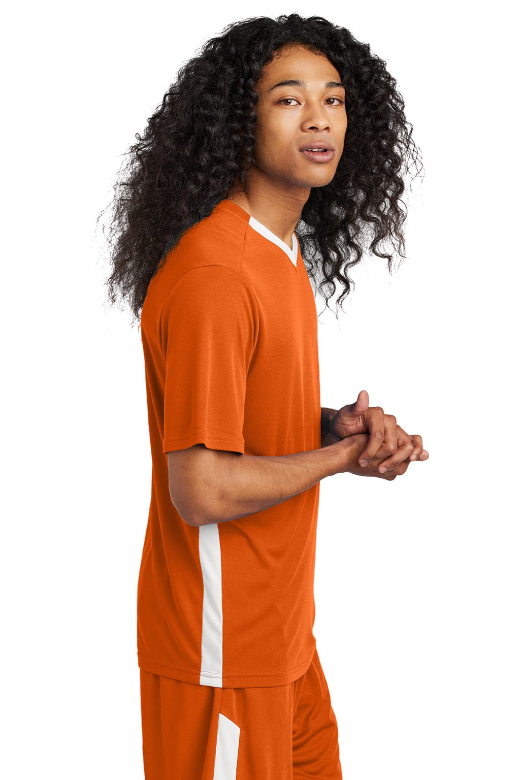 Sport-Tek ST101 Mens Moisture Wicking Competitor United Short Sleeve V-Neck T-Shirt Deep Orange/White Model Side