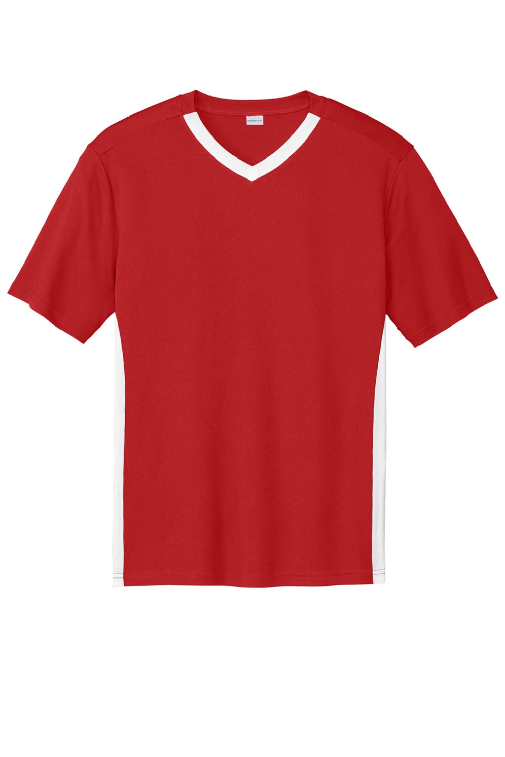 Sport-Tek ST101 Mens Moisture Wicking Competitor United Short Sleeve V-Neck T-Shirt Deep Red/White Flat Front