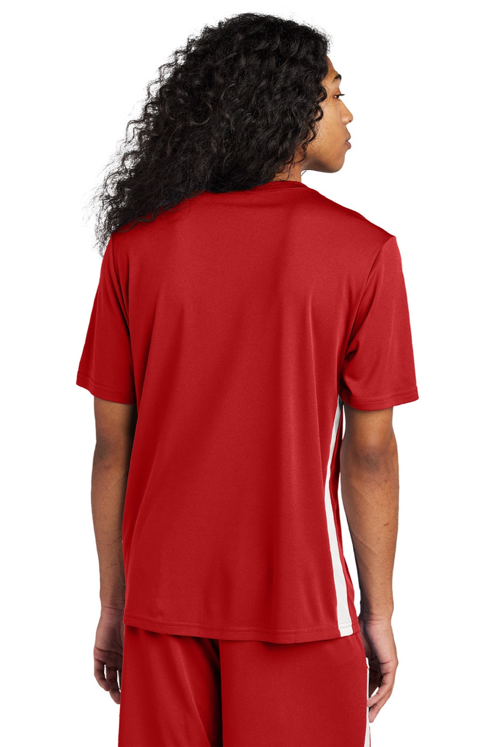 Sport-Tek ST101 Mens Moisture Wicking Competitor United Short Sleeve V-Neck T-Shirt Deep Red/White Model Back