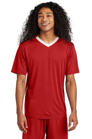 Sport-Tek ST101 Mens Moisture Wicking Competitor United Short Sleeve V-Neck T-Shirt Deep Red/White Model Front