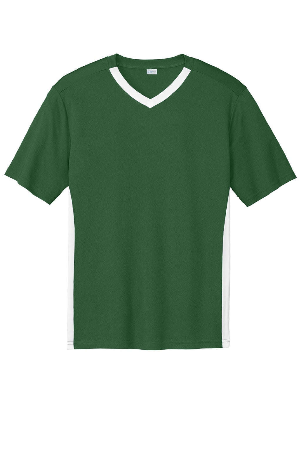 Sport-Tek ST101 Mens Moisture Wicking Competitor United Short Sleeve V-Neck T-Shirt Forest Green/White Flat Front