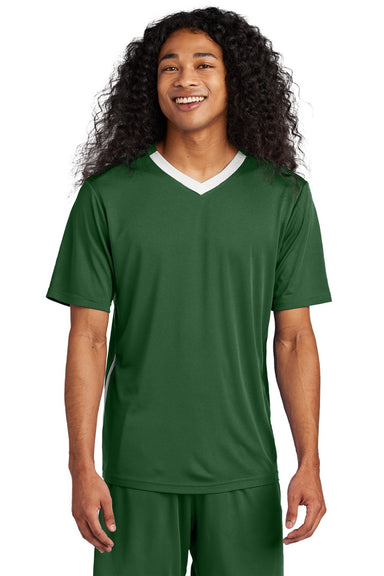 Sport-Tek ST101 Mens Moisture Wicking Competitor United Short Sleeve V-Neck T-Shirt Forest Green/White Model Front