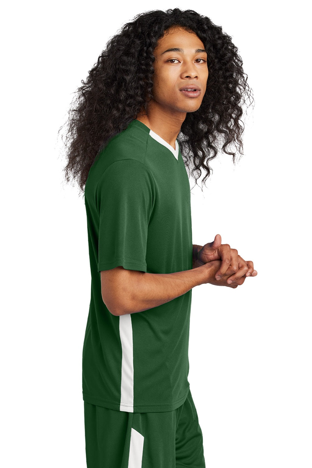 Sport-Tek ST101 Mens Moisture Wicking Competitor United Short Sleeve V-Neck T-Shirt Forest Green/White Model Side