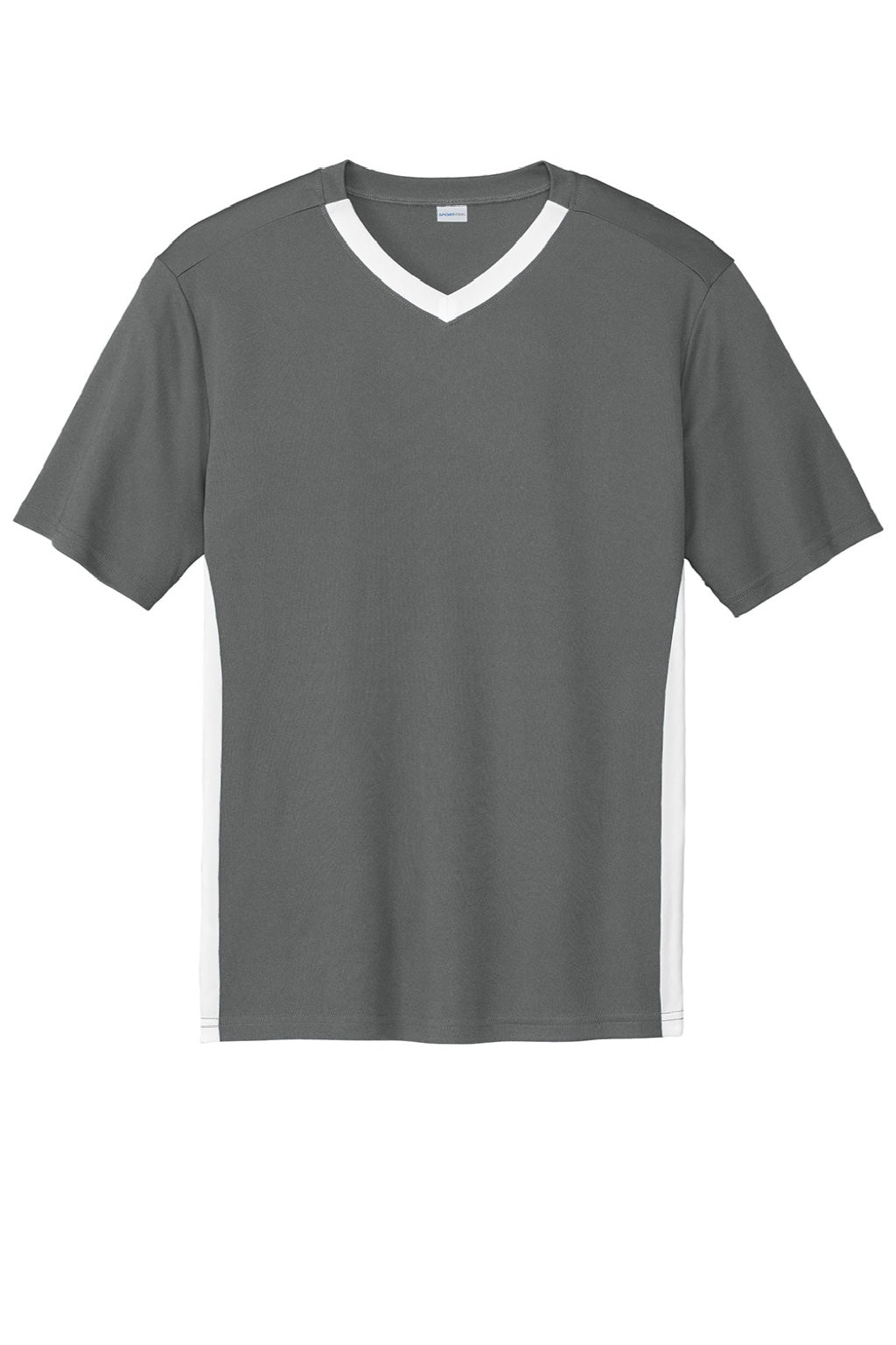 Sport-Tek ST101 Mens Moisture Wicking Competitor United Short Sleeve V-Neck T-Shirt Iron Grey/White Flat Front