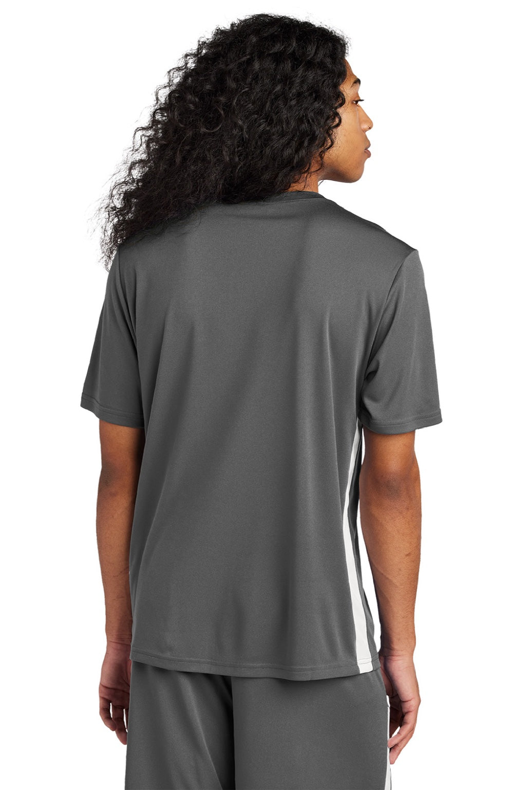 Sport-Tek ST101 Mens Moisture Wicking Competitor United Short Sleeve V-Neck T-Shirt Iron Grey/White Model Back