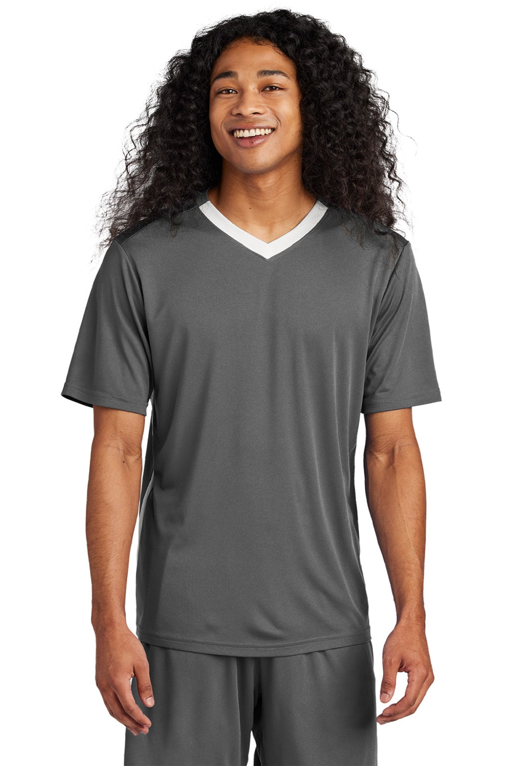 Sport-Tek ST101 Mens Moisture Wicking Competitor United Short Sleeve V-Neck T-Shirt Iron Grey/White Model Front