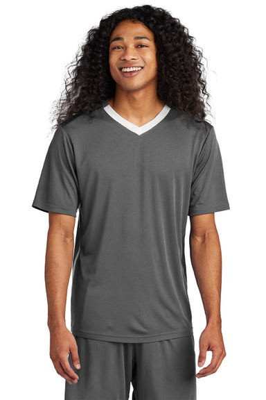 Sport-Tek ST101 Mens Moisture Wicking Competitor United Short Sleeve V-Neck T-Shirt Iron Grey/White Model Front