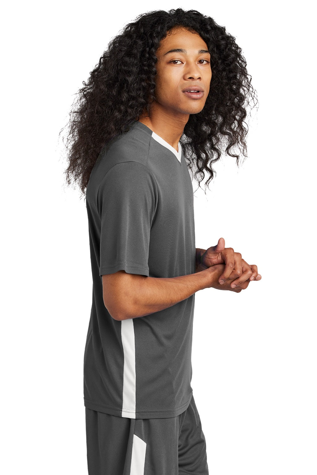 Sport-Tek ST101 Mens Moisture Wicking Competitor United Short Sleeve V-Neck T-Shirt Iron Grey/White Model Side