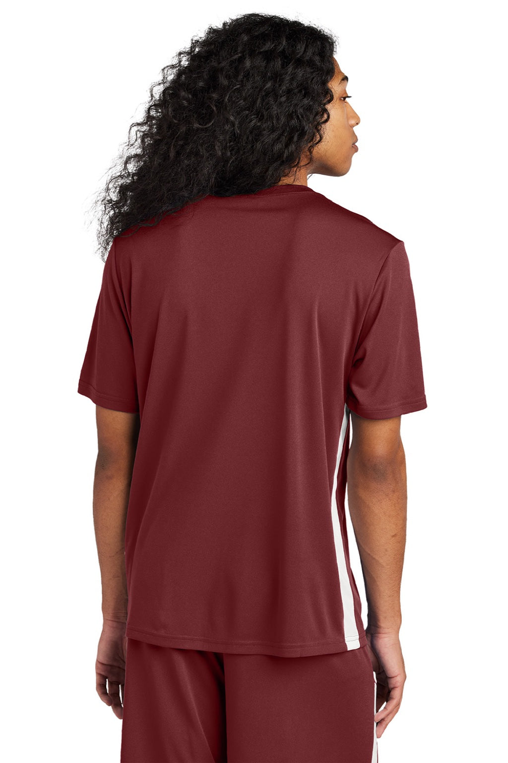 Sport-Tek ST101 Mens Moisture Wicking Competitor United Short Sleeve V-Neck T-Shirt Maroon/White Model Back